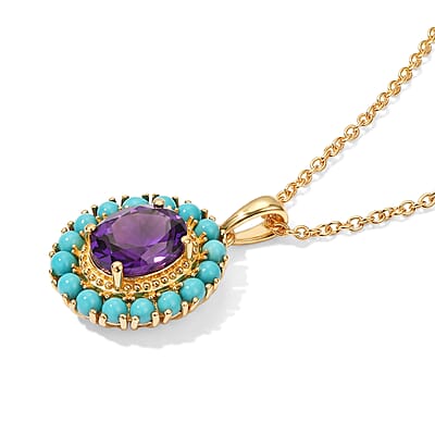 EverTrue African Amethyst and Lagoon Turquoise 3.40 ctw Pendant in 18K YG Plated with ION Plated YG Stainless Steel Necklace (20 Inches)