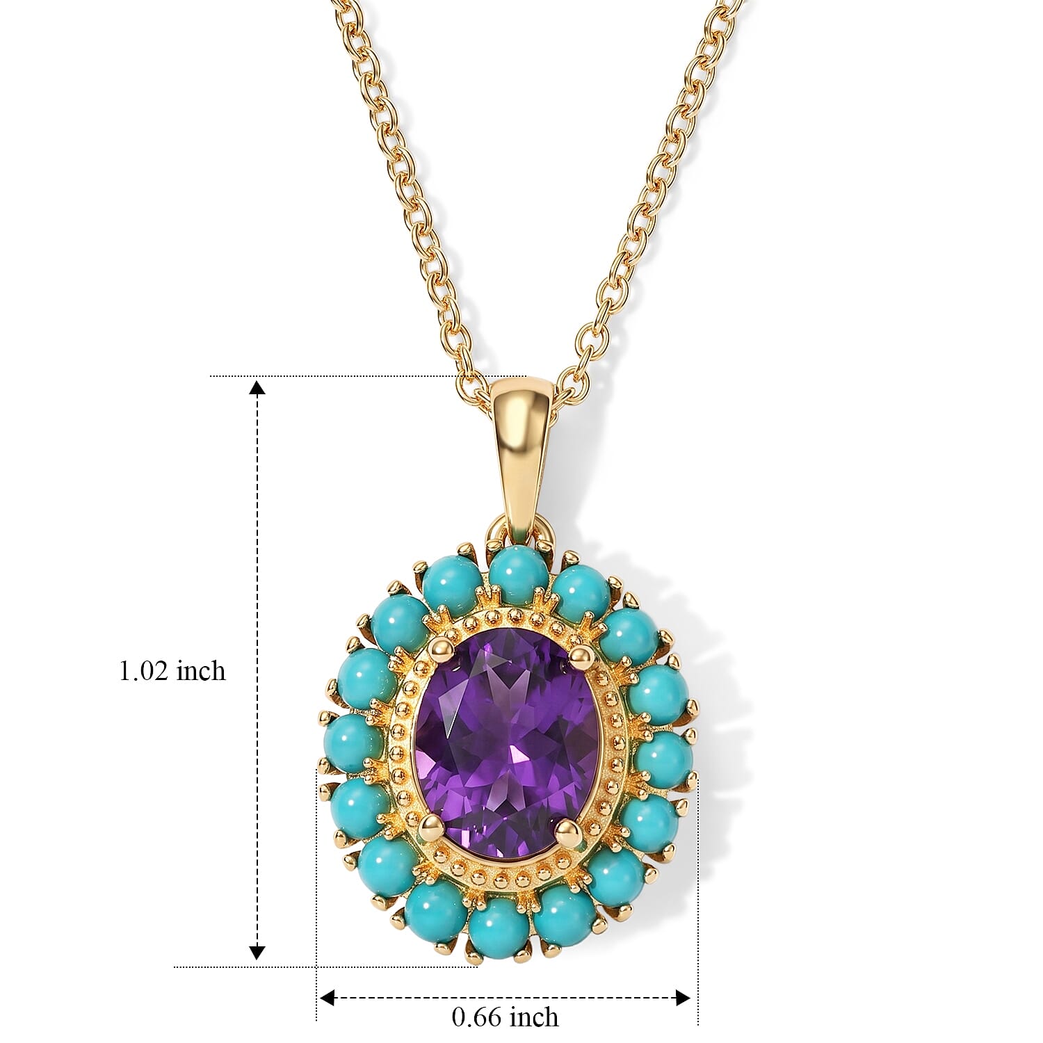 EverTrue African Amethyst and Lagoon Turquoise 3.40 ctw Pendant in 18K YG Plated with ION Plated YG Stainless Steel Necklace (20 Inches)