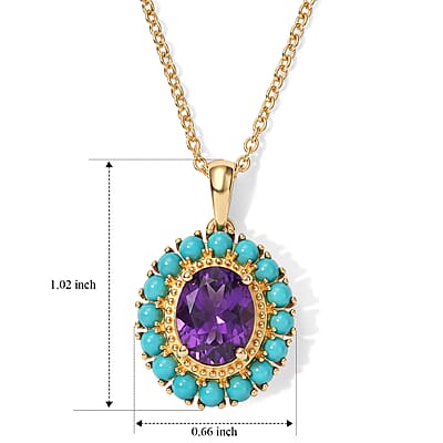 EverTrue African Amethyst and Lagoon Turquoise 3.40 ctw Pendant in 18K YG Plated with ION Plated YG Stainless Steel Necklace (20 Inches)