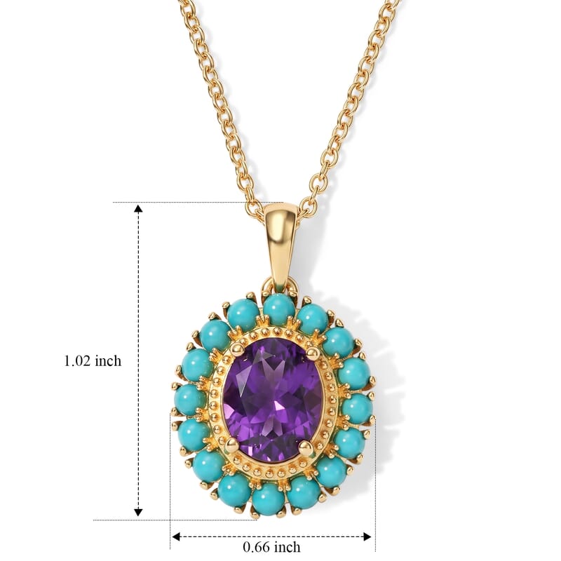 EverTrue African Amethyst and Lagoon Turquoise 3.40 ctw Crown Pendant in 18K YG Plated with ION Plated YG Stainless Steel Necklace (20 Inches)