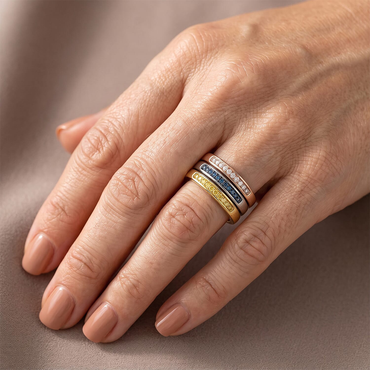 Natural Champagne, Yellow and Blue Diamond 0.21 ctw Set of 3 Ring in 14K YRG Over and Sterling Silver (Size 6.0)