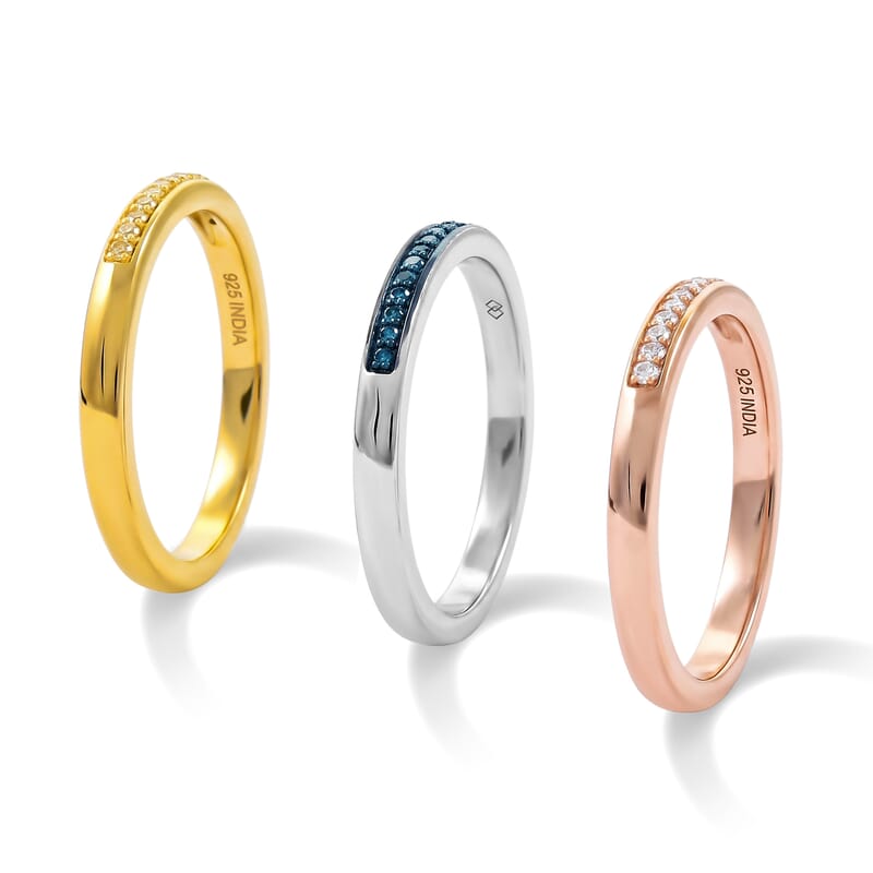 Natural Champagne, Yellow and Blue Diamond 0.21 ctw Set of 3 Ring in 14K YRG Over and Sterling Silver (Size 6.0)