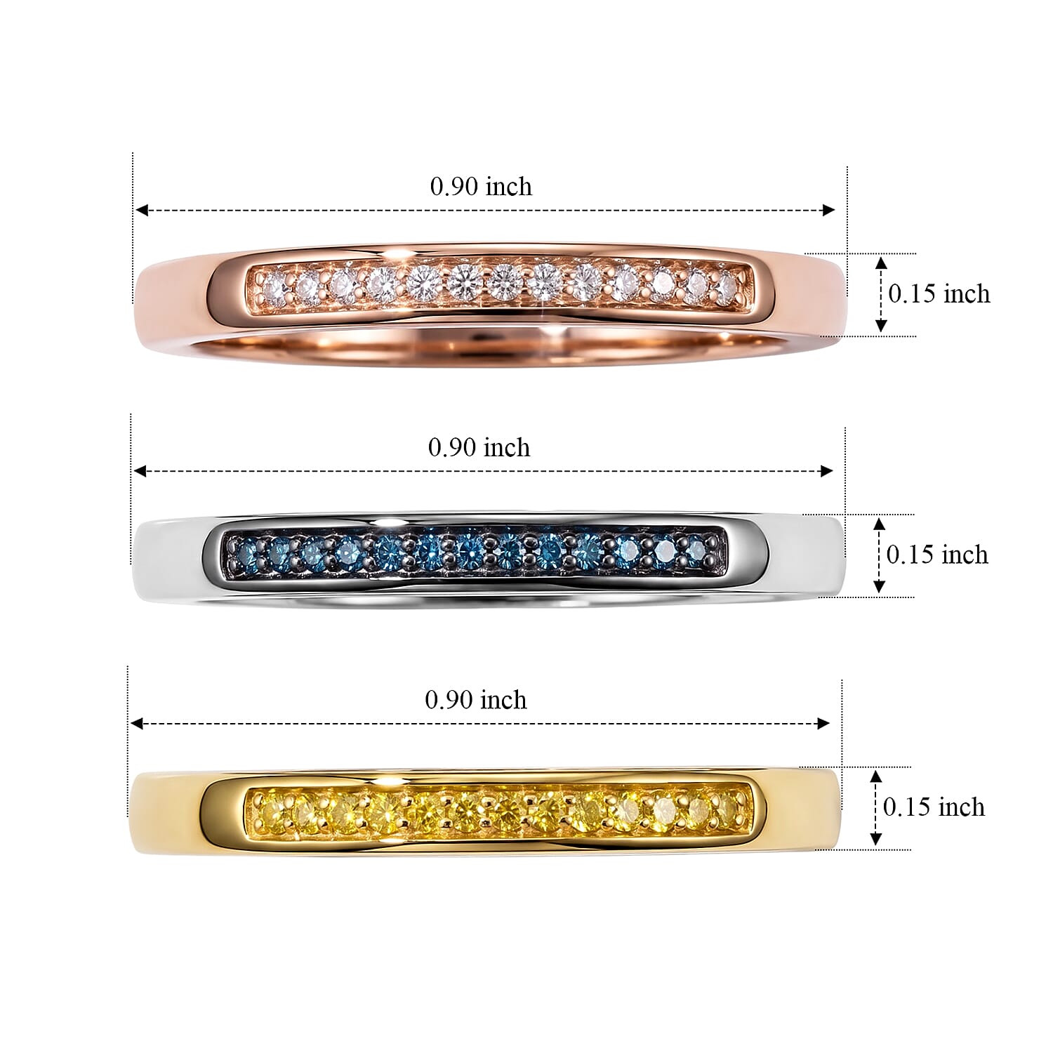 Natural Champagne, Yellow and Blue Diamond 0.21 ctw Set of 3 Ring in 14K YRG Over and Sterling Silver (Size 6.0)