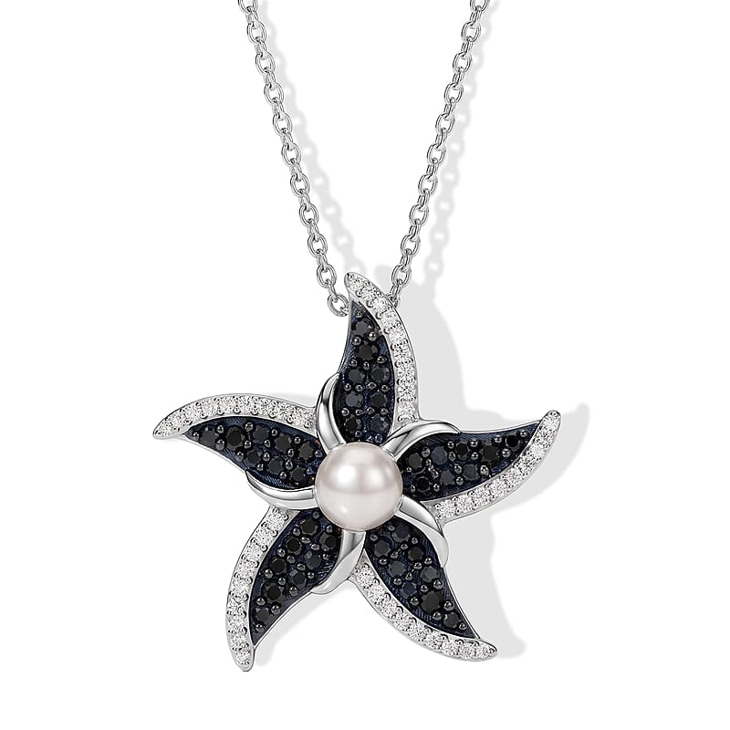 D'Joy Freshwater Pearl and Multi Gemstone 1.20 ctw Pendant Necklace (20 Inches) in Rhodium Over Sterling Silver