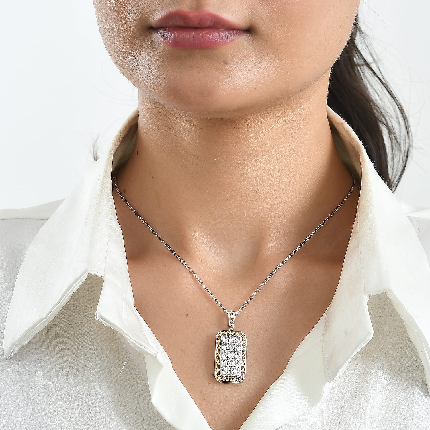 EverTrue Lab Created White Sapphire 2.80 ctw Pendant in 18K YG Plated and Platinum Bond with Stainless Steel Necklace 20 Inches