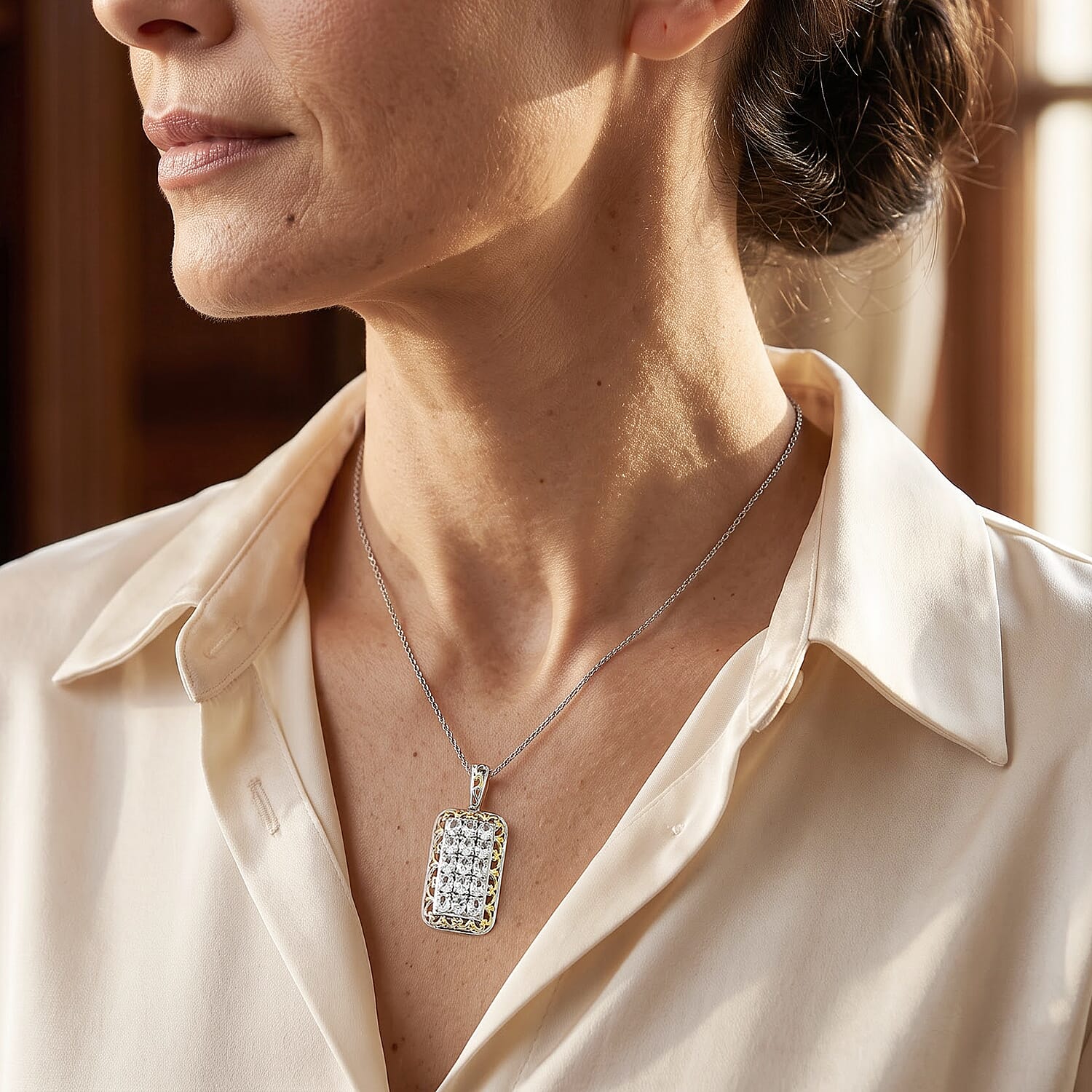 EverTrue Lab Created White Sapphire 2.80 ctw Pendant in 18K YG Plated and Platinum Bond with Stainless Steel Necklace 20 Inches