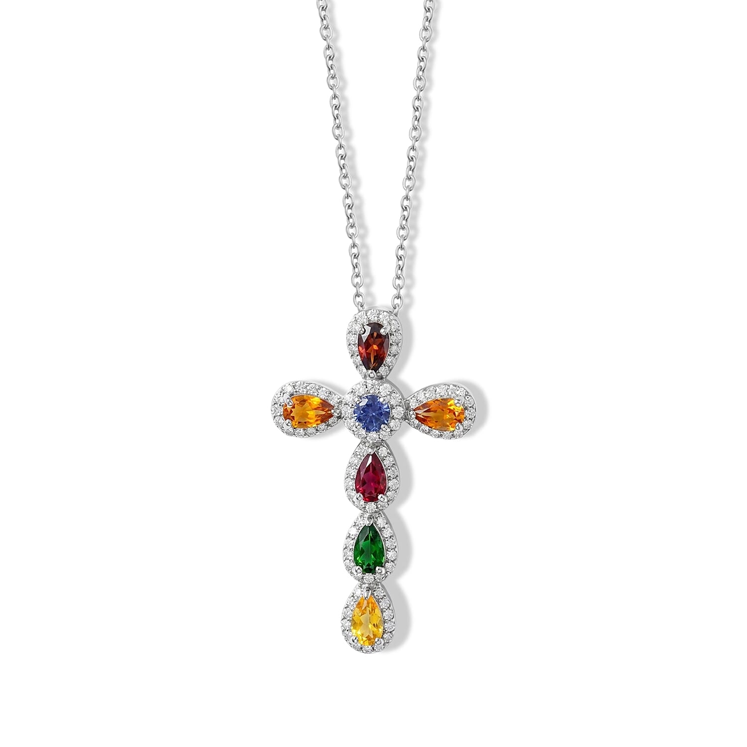 Multi Gemstone and Diamond 2.20 ctw Pendant Necklace in Sterling Silver (18-20 Inches)