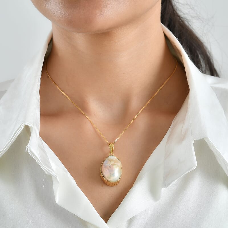 D'Joy White Baroque Pearl Pendant Necklace in 18K Vermeil Yellow Gold Over Sterling Silver 20 Inches