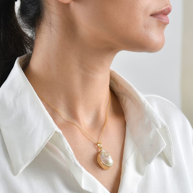 D'Joy White Baroque Pearl Pendant Necklace in 18K Vermeil Yellow Gold Over Sterling Silver 20 Inches