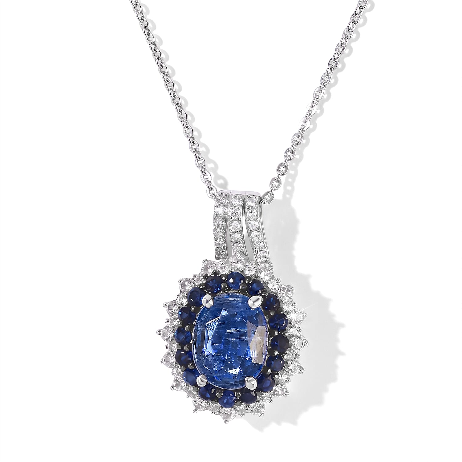 D'Joy Kashmir Kyanite and Multi Gemstone 3.40 ctw Pendant Necklace in Rhodium Over Sterling Silver 20 Inches