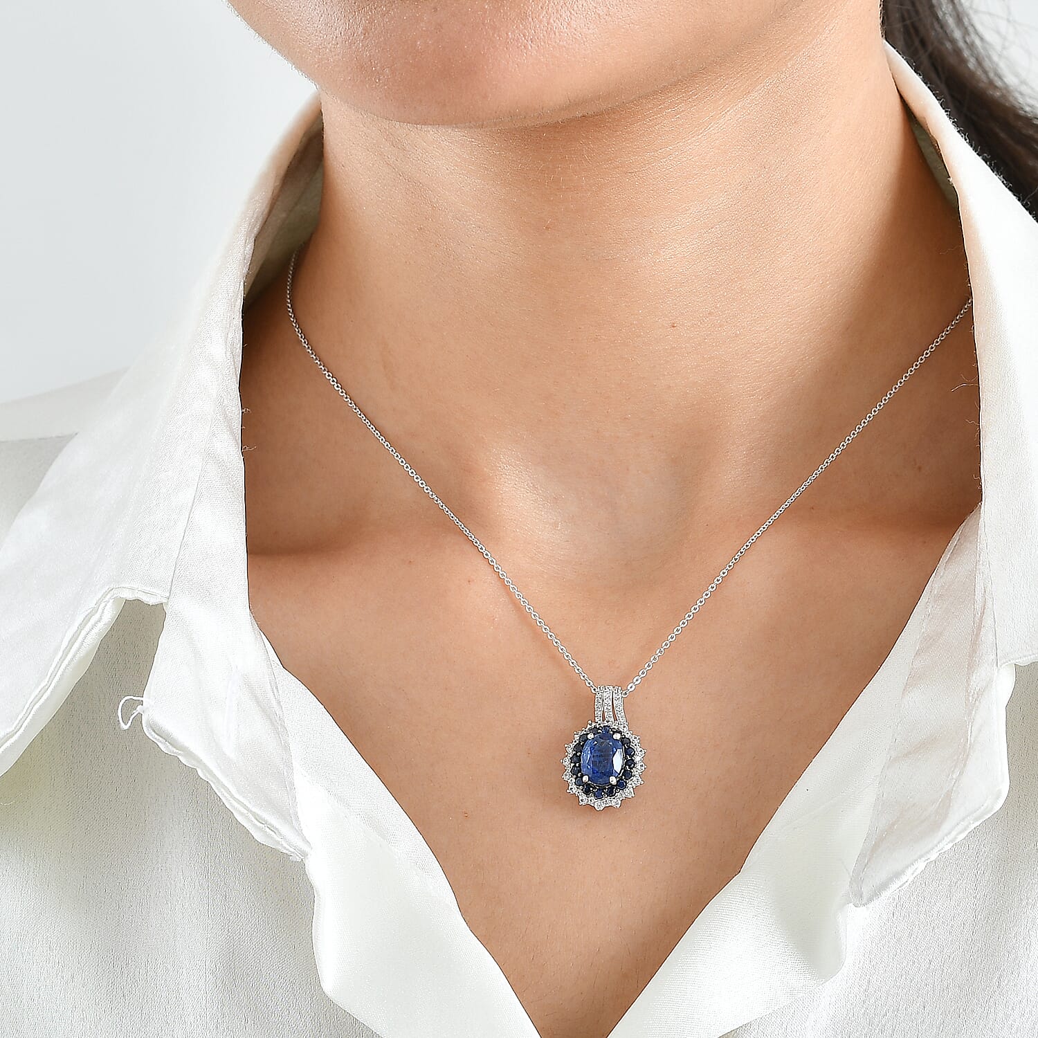 D'Joy Kashmir Kyanite and Multi Gemstone 3.40 ctw Pendant Necklace in Rhodium Over Sterling Silver 20 Inches