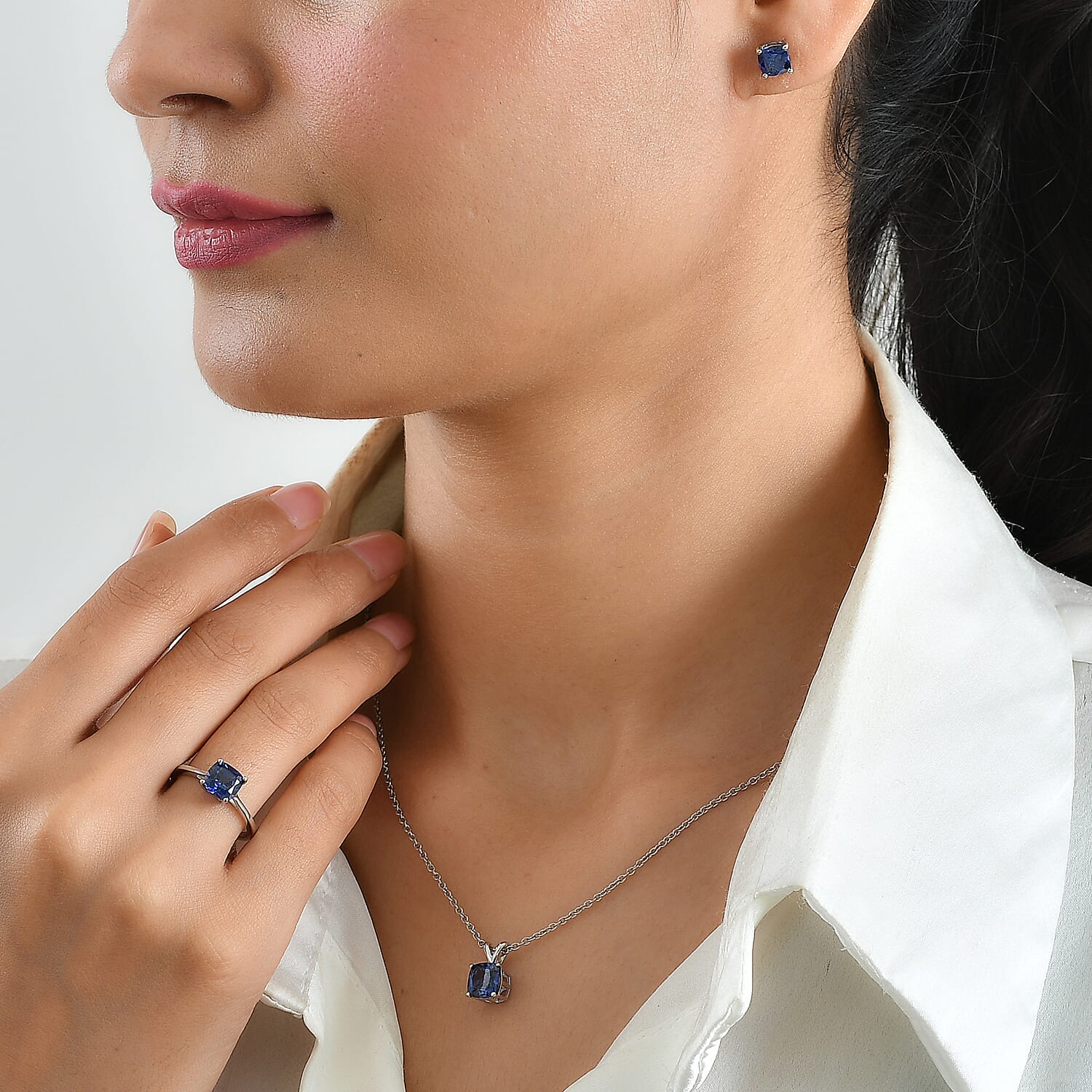 EverTrue Lab Created Blue Sapphire 7.00 ctw Set of 3 Earrings, Ring (Size 7.00) and Pendant in Platinum Bond with Stainless Steel Necklace 20 Inches