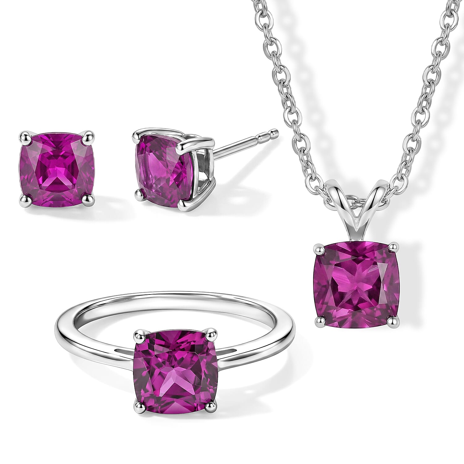 EverTrue Lab Created Pink Sapphire 7.55 ctw Earrings, Ring (Size 7.0) and Pendant in Platinum Bond with Stainless Steel Necklace 20 Inches