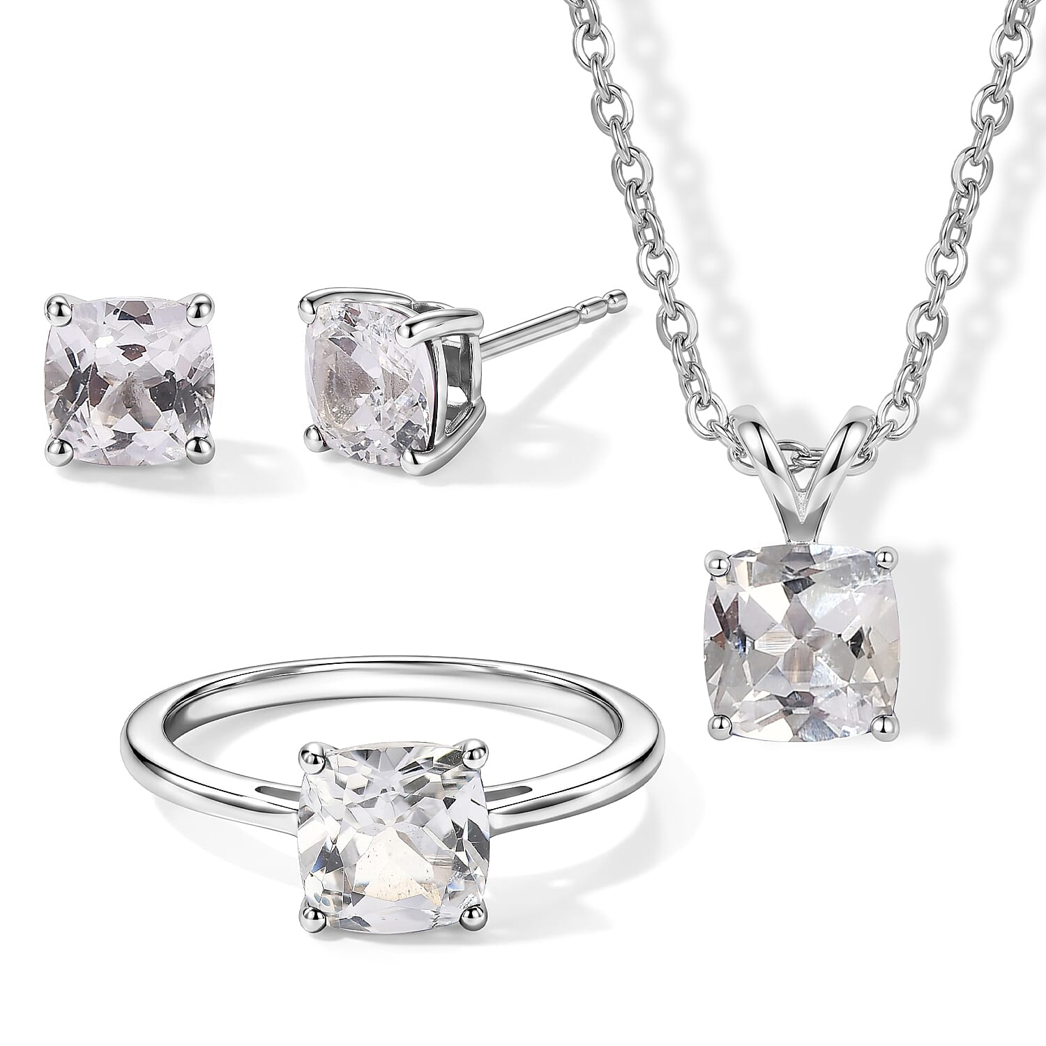 EverTrue Lab Created Sapphire 6.85 ctw Spectrum Set of 3 Earrings, Ring (Size 5.0) and Pendant in Platinum Bond with Stainless Steel Necklace (20 Inches)
