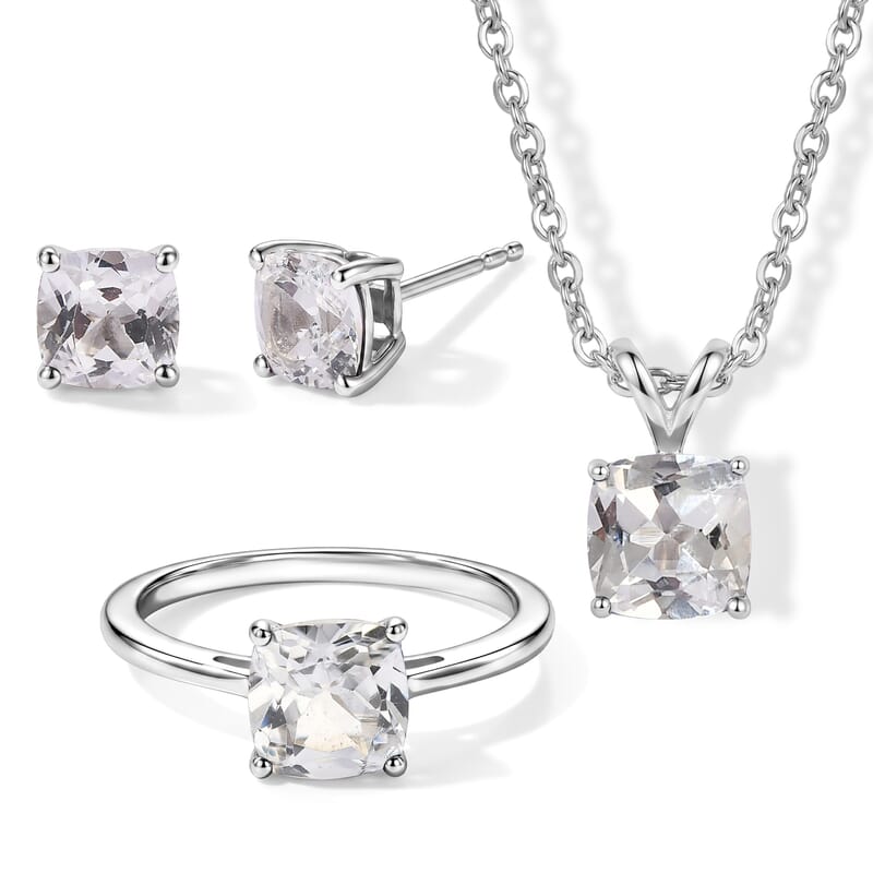 EverTrue Lab Created Sapphire 6.85 ctw Set of 3 Earrings, Ring (Size 7.0) and Pendant in Platinum Bond with Stainless Steel Necklace 20 Inches