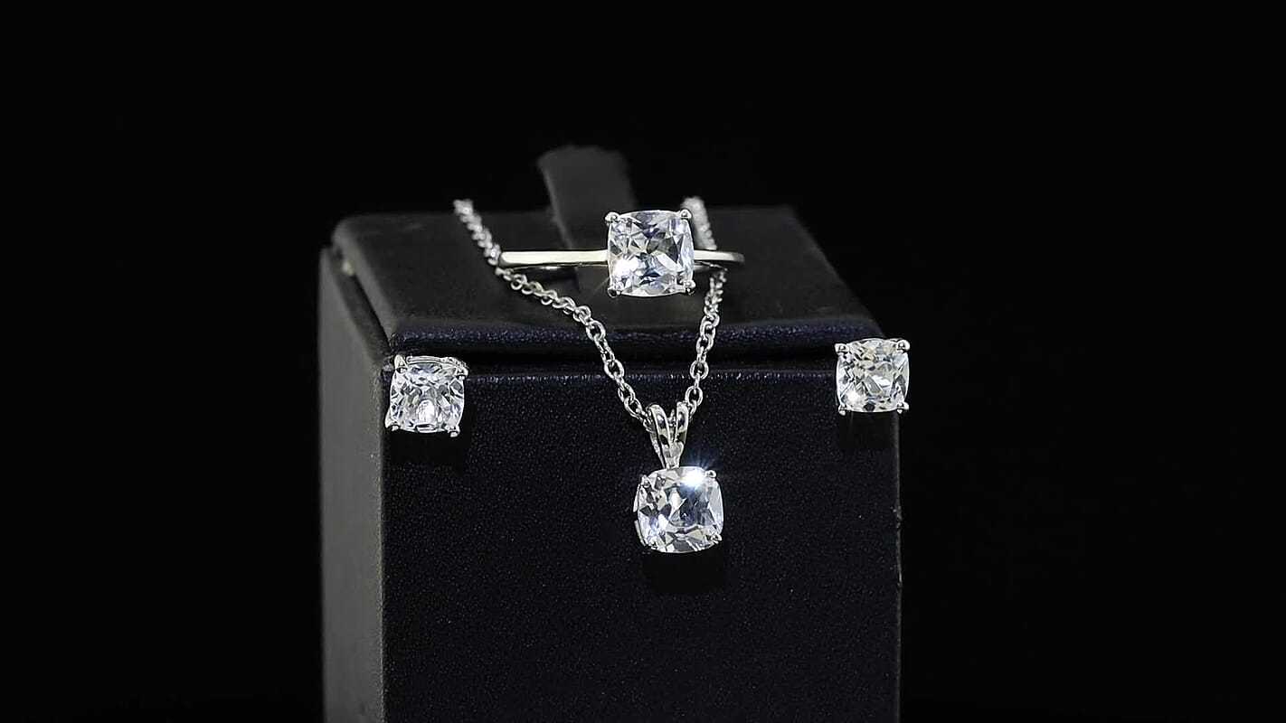 EverTrue Lab Created Sapphire 6.85 ctw Set of 3 Earrings, Ring (Size 7.0) and Pendant in Platinum Bond with Stainless Steel Necklace 20 Inches