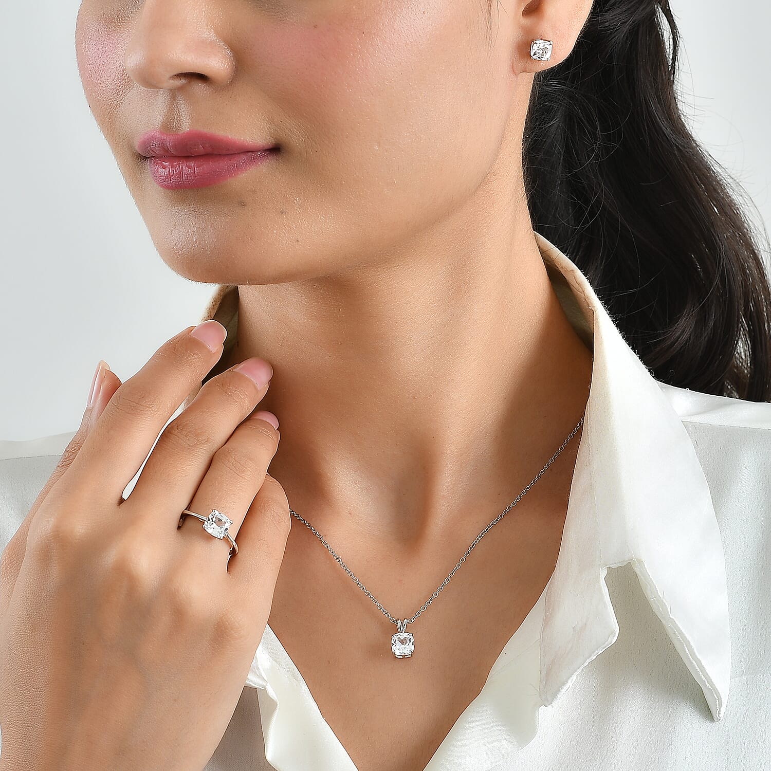EverTrue Lab Created Sapphire 6.85 ctw Set of 3 Earrings, Ring (Size 7.0) and Pendant in Platinum Bond with Stainless Steel Necklace 20 Inches