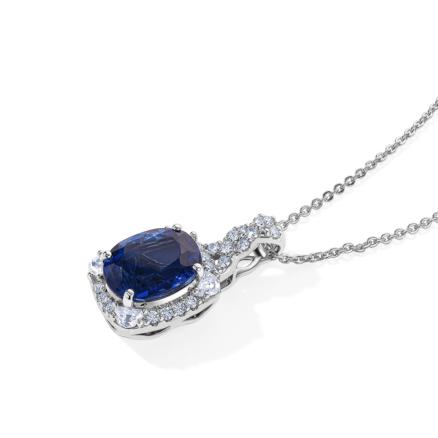 Certified and Appraised D'Joy Premium Kashmir Kyanite and Moissanite 4.00 ctw Pendant Necklace (18 Inches) in Rhodium Over Sterling Silver