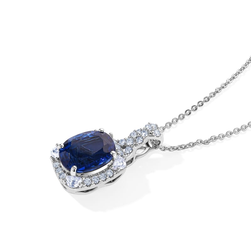 Certified and Appraised D'Joy Premium Kashmir Kyanite and Moissanite 4.00 ctw Pendant Necklace (18 Inches) in Rhodium Over Sterling Silver