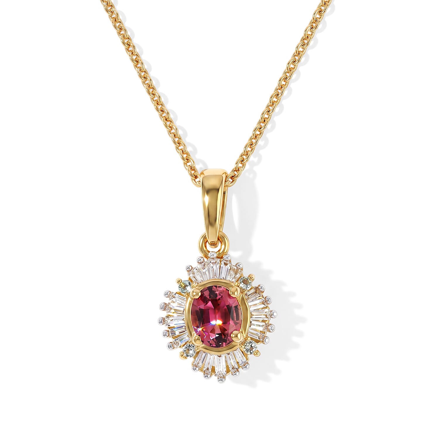 D'Joy Premium Ouro Fino Rubellite, Paraiba Tourmaline and Diamond 0.50 ctw Astral Halo Pendant Necklace in 18K Vermeil Yellow Gold Over Sterling Silver 20 Inches