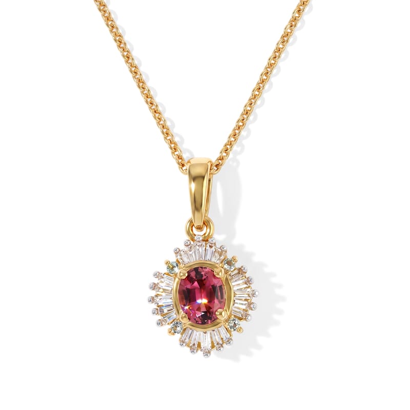 D'Joy Premium Ouro Fino Rubellite, Paraiba Tourmaline and Diamond 0.50 ctw Astral Halo Pendant Necklace in 18K Vermeil Yellow Gold Over Sterling Silver 20 Inches