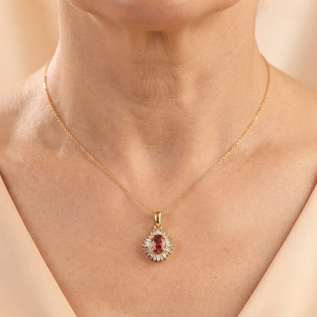 D'Joy Premium Ouro Fino Rubellite, Paraiba Tourmaline and Diamond 0.50 ctw Astral Halo Pendant Necklace in 18K Vermeil Yellow Gold Over Sterling Silver 20 Inches
