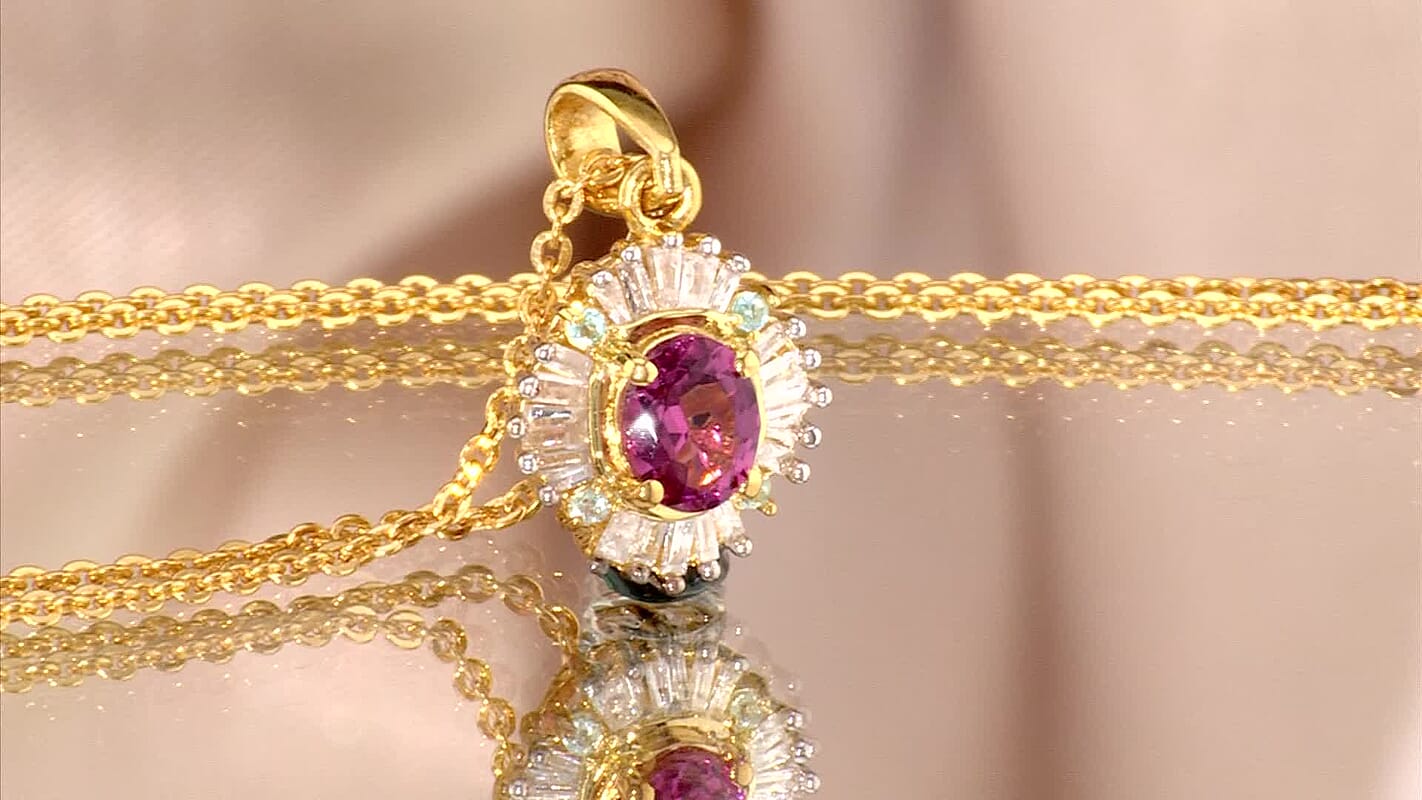 D''Joy Premium Ouro Fino Rubellite, Paraiba Tourmaline and Diamond Astral Halo Pendant Necklace (20 Inches) in 18K Vermeil YG Over Sterling Silver 0.50 ctw