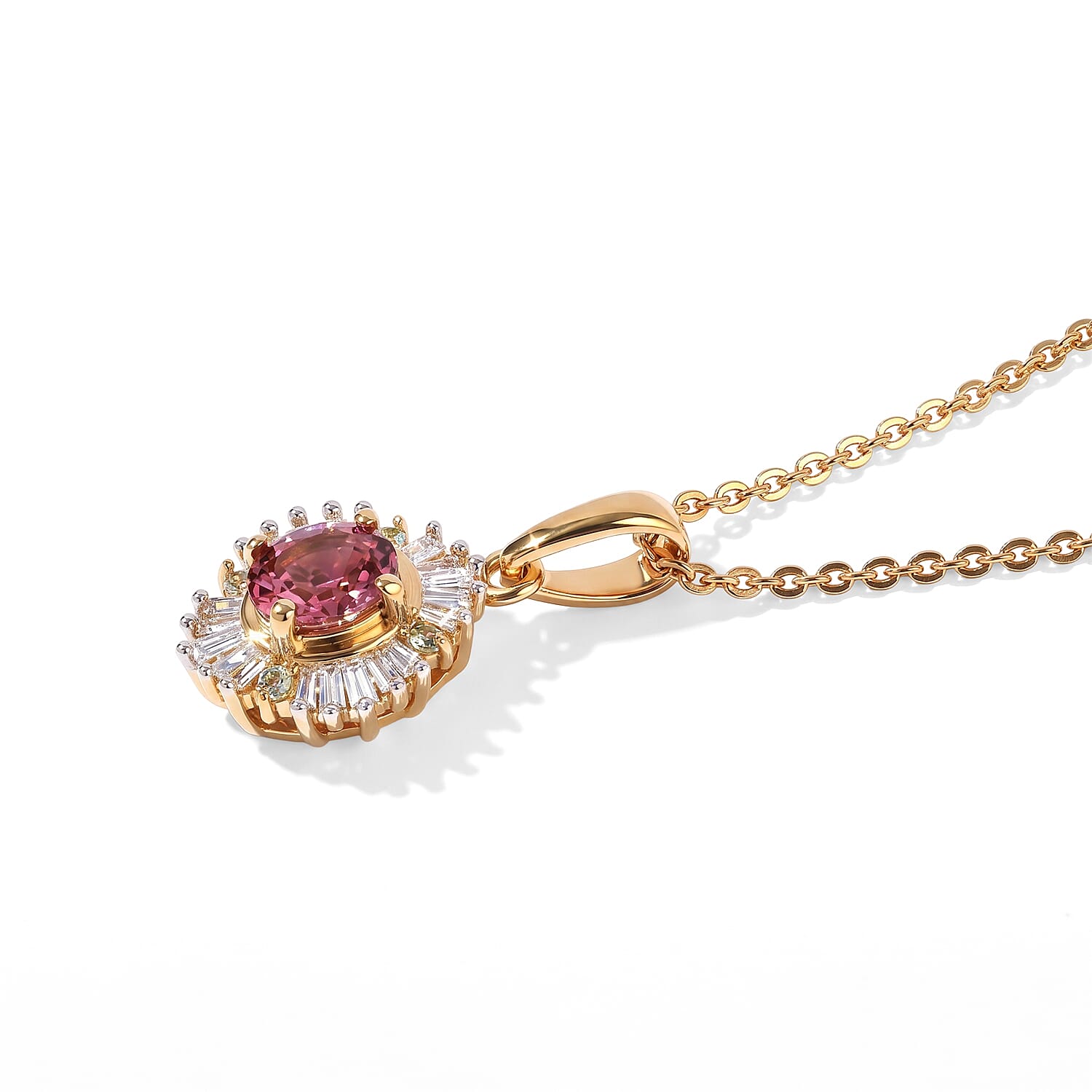 D'Joy Premium Ouro Fino Rubellite, Paraiba Tourmaline and Diamond 0.50 ctw Astral Halo Pendant Necklace in 18K Vermeil Yellow Gold Over Sterling Silver 20 Inches