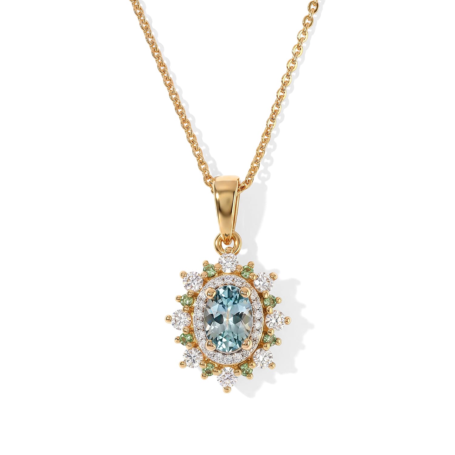 D'Joy Premium Cambodian Blue Zircon and Multi Gemstone 1.40 ctw Pendant Necklace in 18K Vermeil Yellow Gold Over Sterling Silver 20 Inches