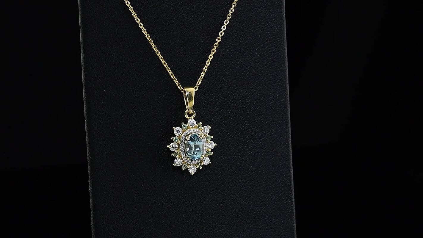 D''Joy Premium Cambodian Blue Zircon and Multi Gemstone 1.40 ctw Pendant Necklace in 18K Vermeil Yellow Gold Over Sterling Silver 20 Inches