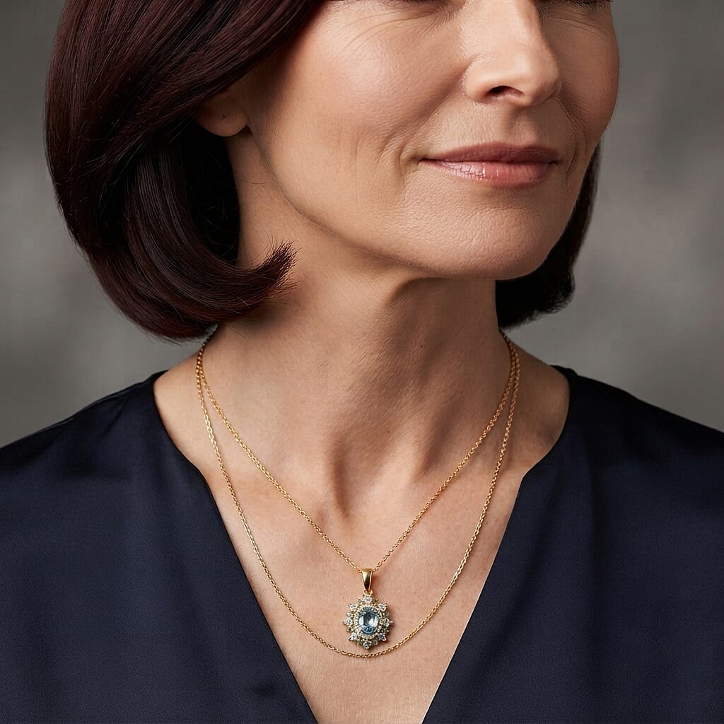 D'Joy Premium Cambodian Blue Zircon and Multi Gemstone 1.40 ctw Pendant Necklace in 18K Vermeil Yellow Gold Over Sterling Silver 20 Inches