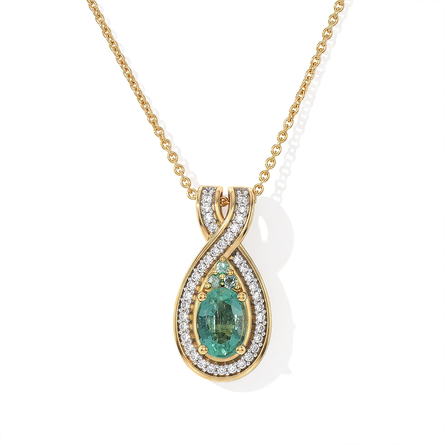 D'Joy Kagem Zambian Emerald, Paraiba Tourmaline and Moissanite 1.00 ctw Infinite Blue Aura Pendant Necklace in 18K Vermeil Yellow Gold Over Sterling Silver 20 Inches