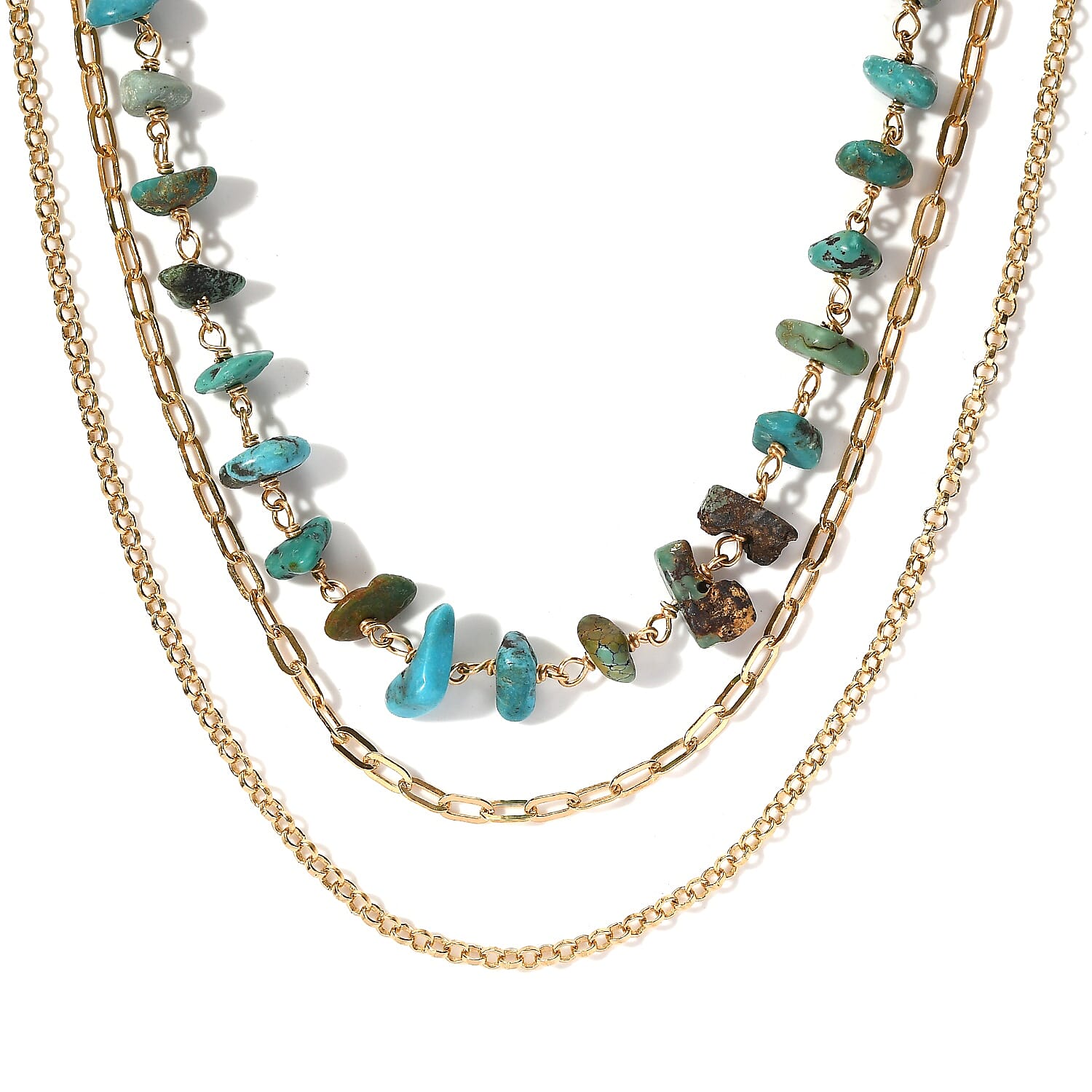 D'Joy Turquoise Chips 48.70 ctw Set of 3 Sunlit Layers Necklace (16, 18 and 20 Inches) in 18K Vermeil Yellow Gold Over Sterling Silver