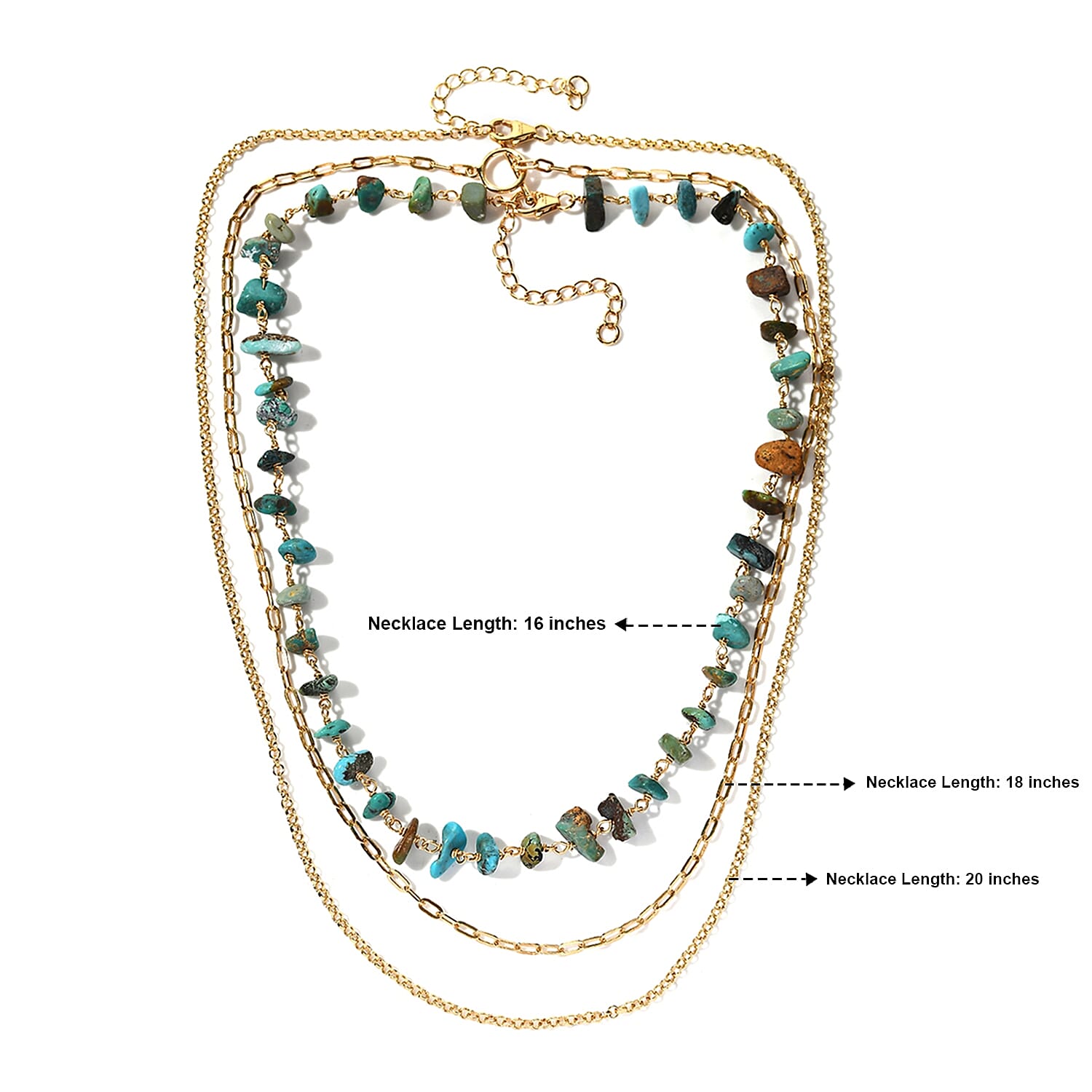 D'Joy Turquoise Chips 48.70 ctw Set of 3 Sunlit Layers Necklace (16, 18 and 20 Inches) in 18K Vermeil Yellow Gold Over Sterling Silver