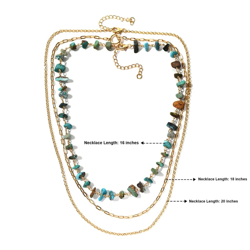 D'Joy Turquoise Chips 48.70 ctw Set of 3 Sunlit Layers Necklace (16, 18 and 20 Inches) in 18K Vermeil Yellow Gold Over Sterling Silver