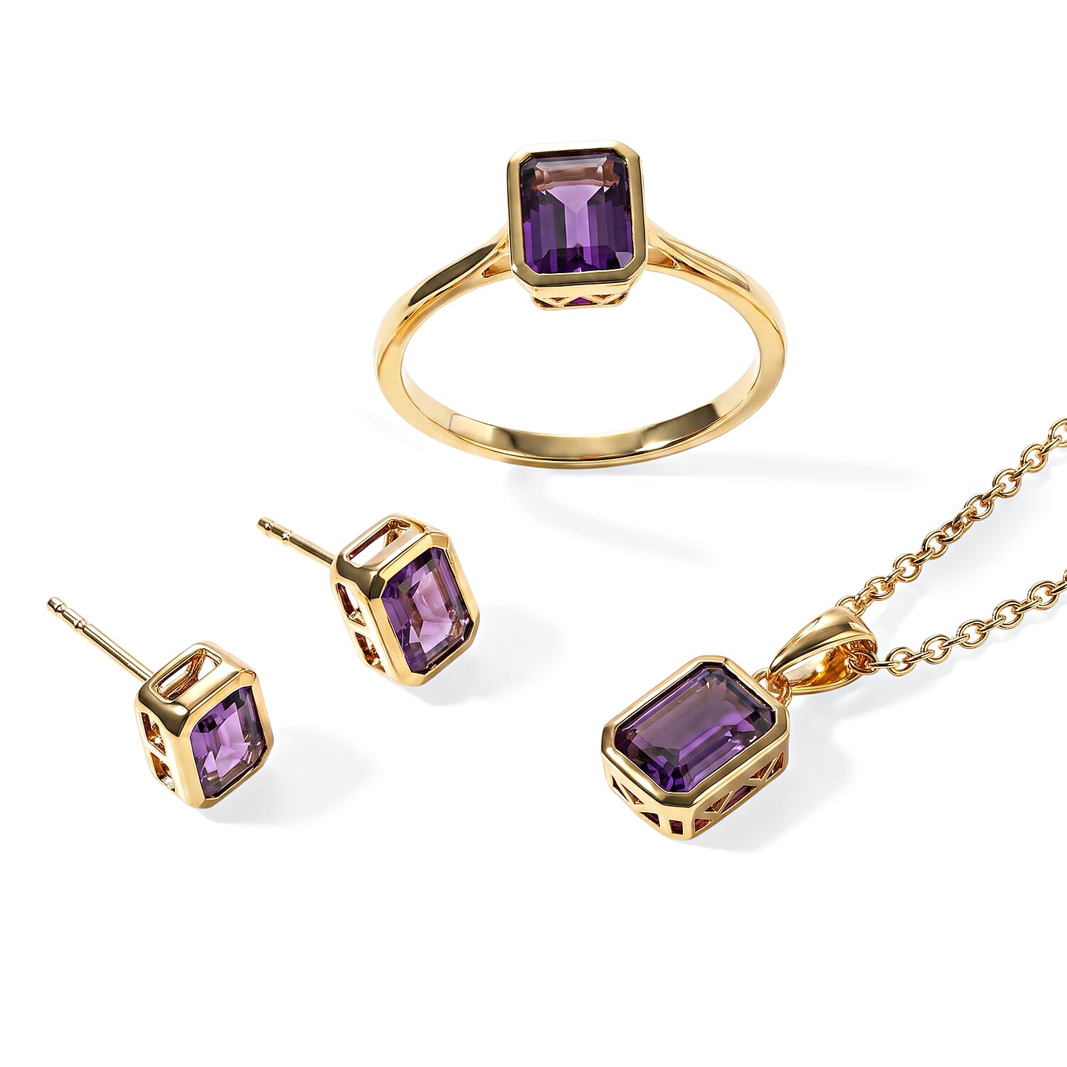 EverTrue African Amethyst 5.00 ctw Set of 3 Earrings, Ring (Size 5) and Pendant in 18K YG Plated with ION Plated YG Stainless Steel Necklace 20 Inches