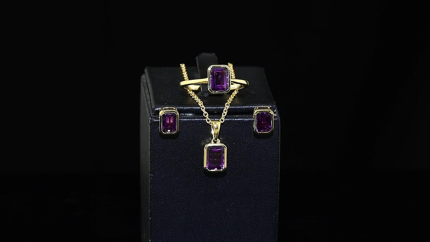 EverTrue African Amethyst Earrings, Ring (Size 5) and Pendant in 18K YG Plated with ION Plated YG Stainless Steel Necklace (20 Inches) 5.00 ctw