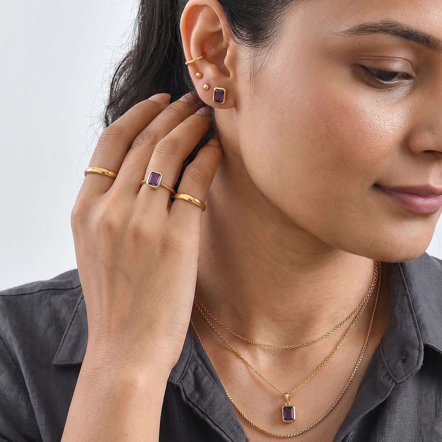 EverTrue African Amethyst 5.00 ctw Set of 3 Earrings, Ring (Size 5) and Pendant in 18K YG Plated with ION Plated YG Stainless Steel Necklace 20 Inches