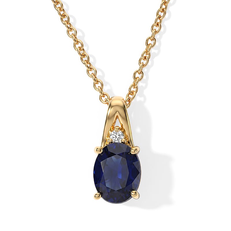 EverTrue Masoala Sapphire (D) and White Zircon 3.00 ctw Pendant in 18K YG Plated with ION Plated YG Stainless Steel Necklace 20 Inches