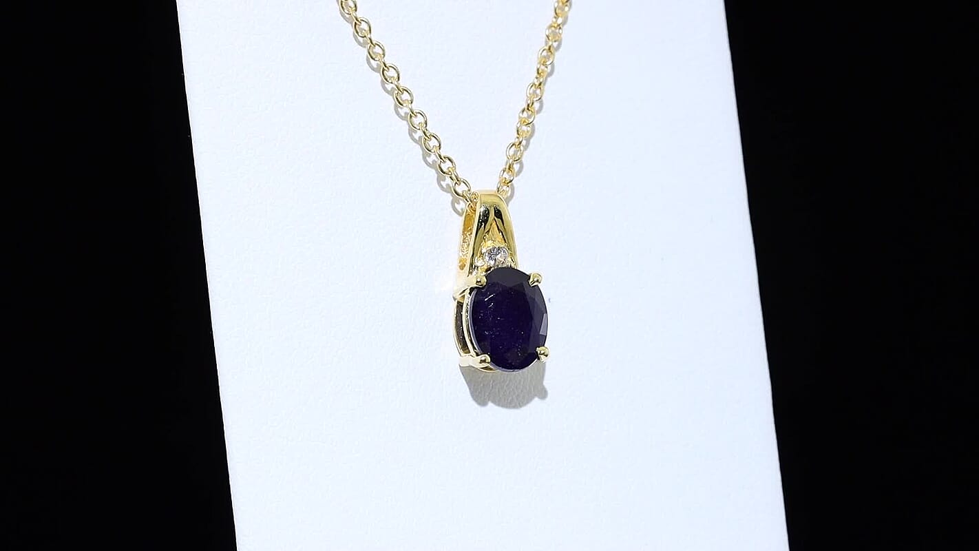 EverTrue Masoala Sapphire (D), White Zircon Pendant in 18K YG Plated with ION Plated YG Stainless Steel Necklace (20 Inches) 3.00 ctw