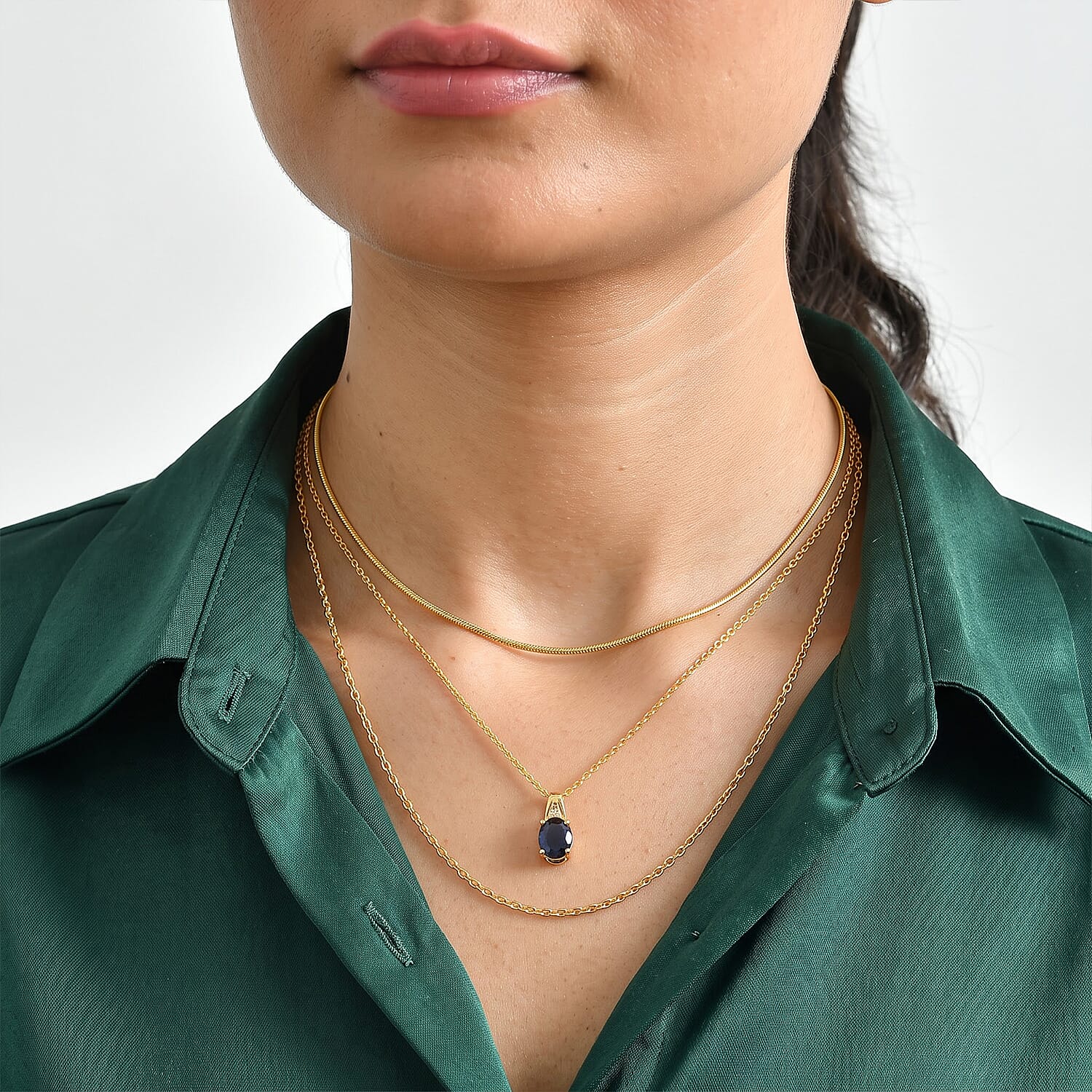 EverTrue Masoala Sapphire (D) and White Zircon 3.00 ctw Pendant in 18K YG Plated with ION Plated YG Stainless Steel Necklace 20 Inches
