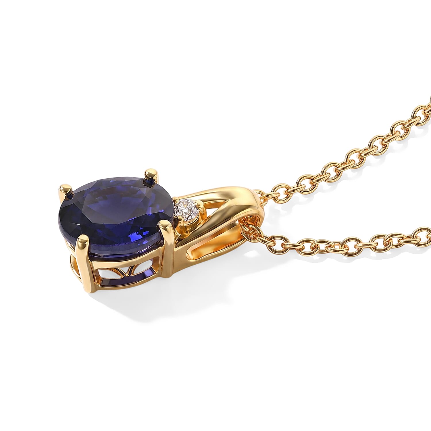 EverTrue Masoala Sapphire (D) and White Zircon 3.00 ctw Pendant in 18K YG Plated with ION Plated YG Stainless Steel Necklace 20 Inches