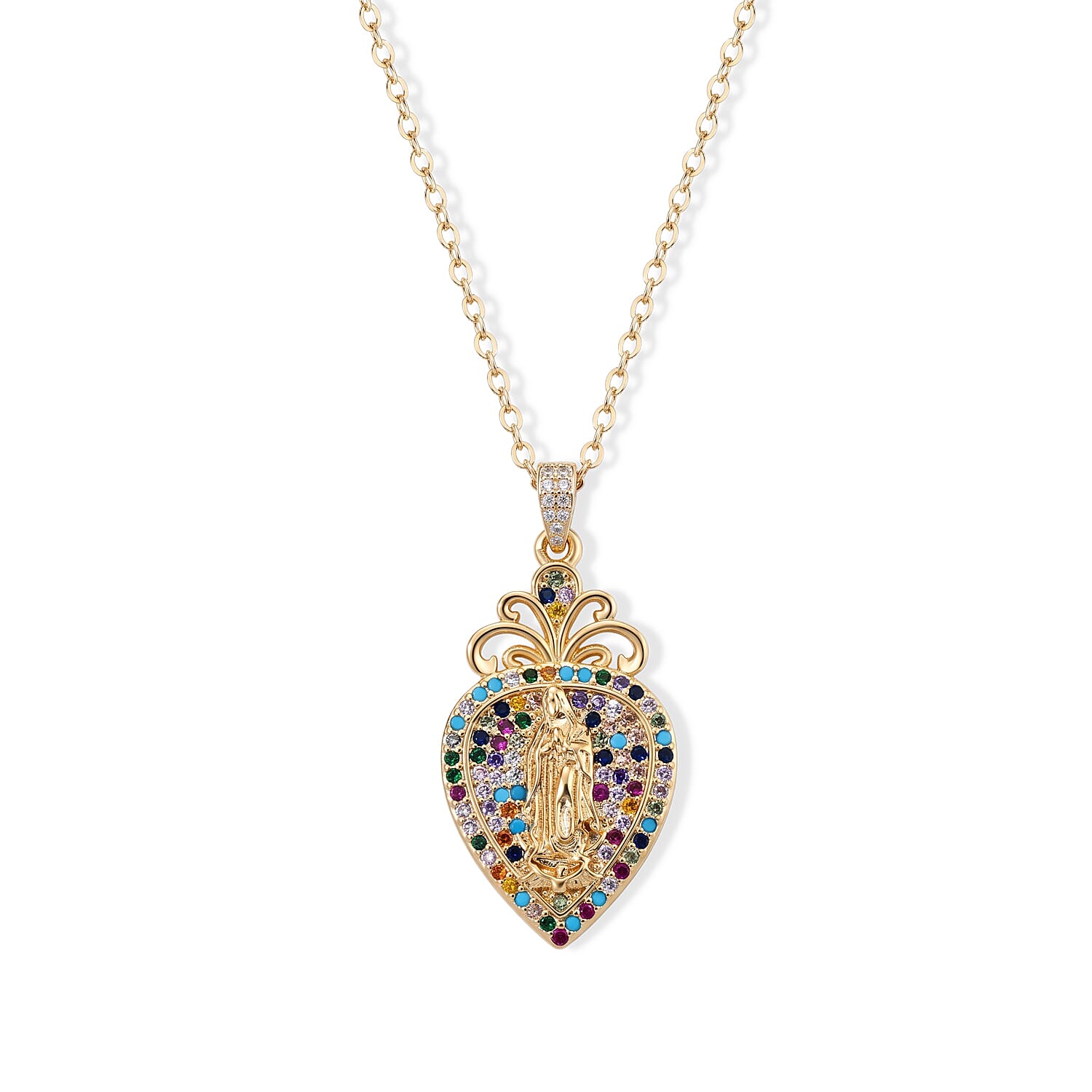 Simulated Multi Color Diamond Line of Faith Virgin Mary Heart Pendant Necklace in Goldtone 18-20 Inches