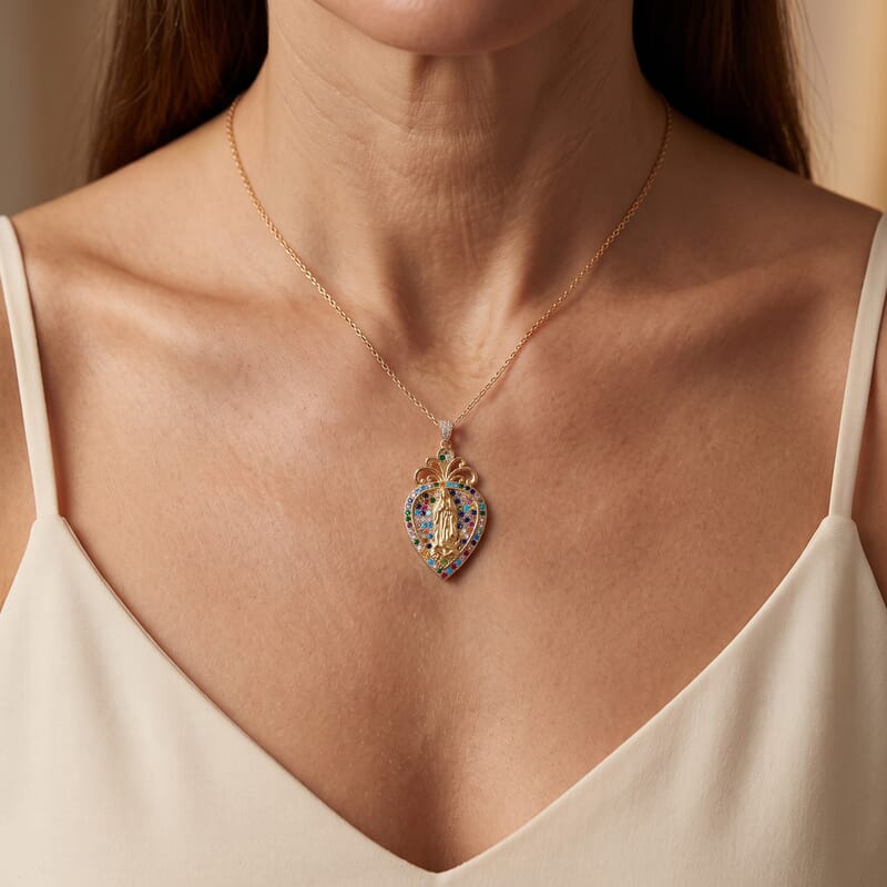 Simulated Multi Color Diamond Line of Faith Virgin Mary Heart Pendant Necklace in Goldtone 18-20 Inches
