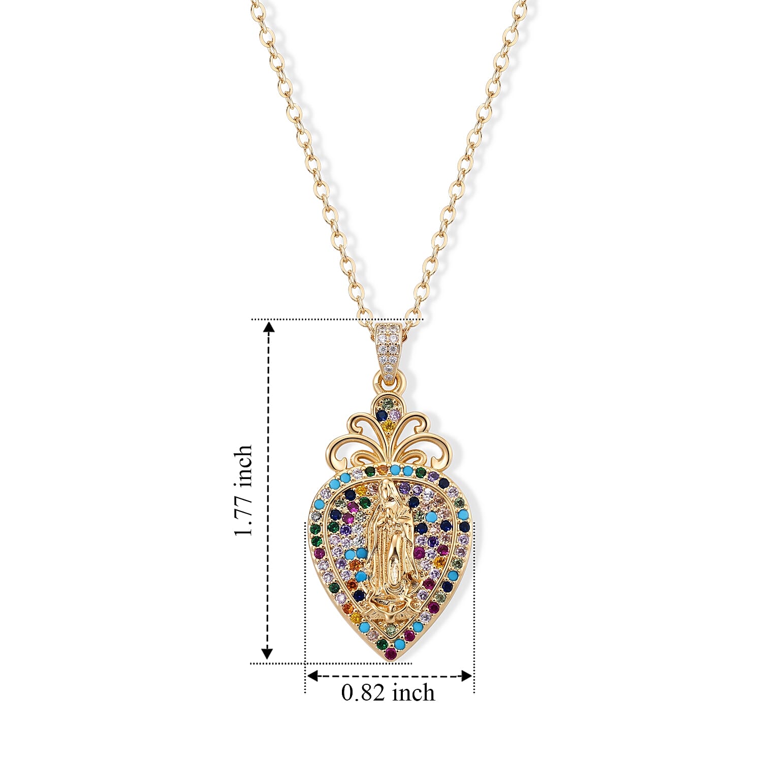 Simulated Multi Color Diamond Line of Faith Virgin Mary Heart Pendant Necklace in Goldtone 18-20 Inches