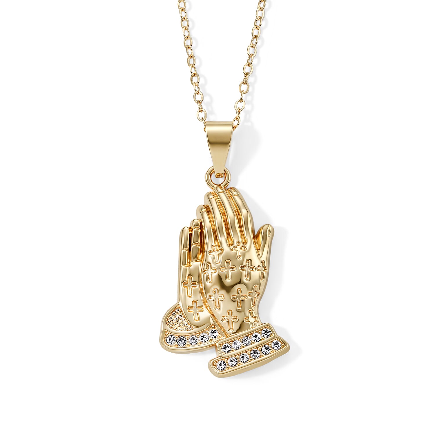 Simulated Diamond Line of Faith Praying Hands Pendant Necklace in Goldtone 18-20 Inches
