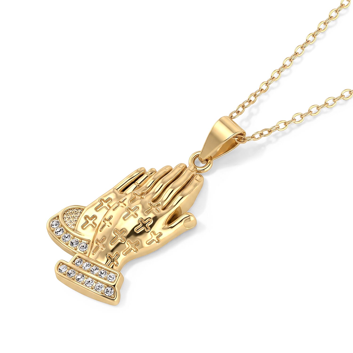 Simulated Diamond Line of Faith Praying Hands Pendant Necklace in Goldtone 18-20 Inches