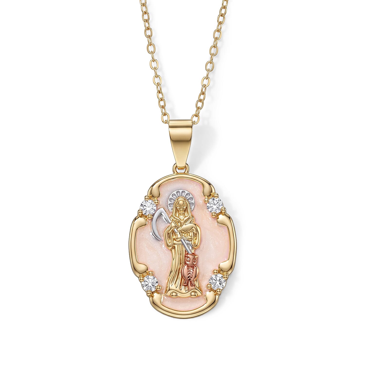 Simulated Diamond Line of Faith Santa Muerte Medallion Pendant Necklace in Goldtone 18-20 Inches