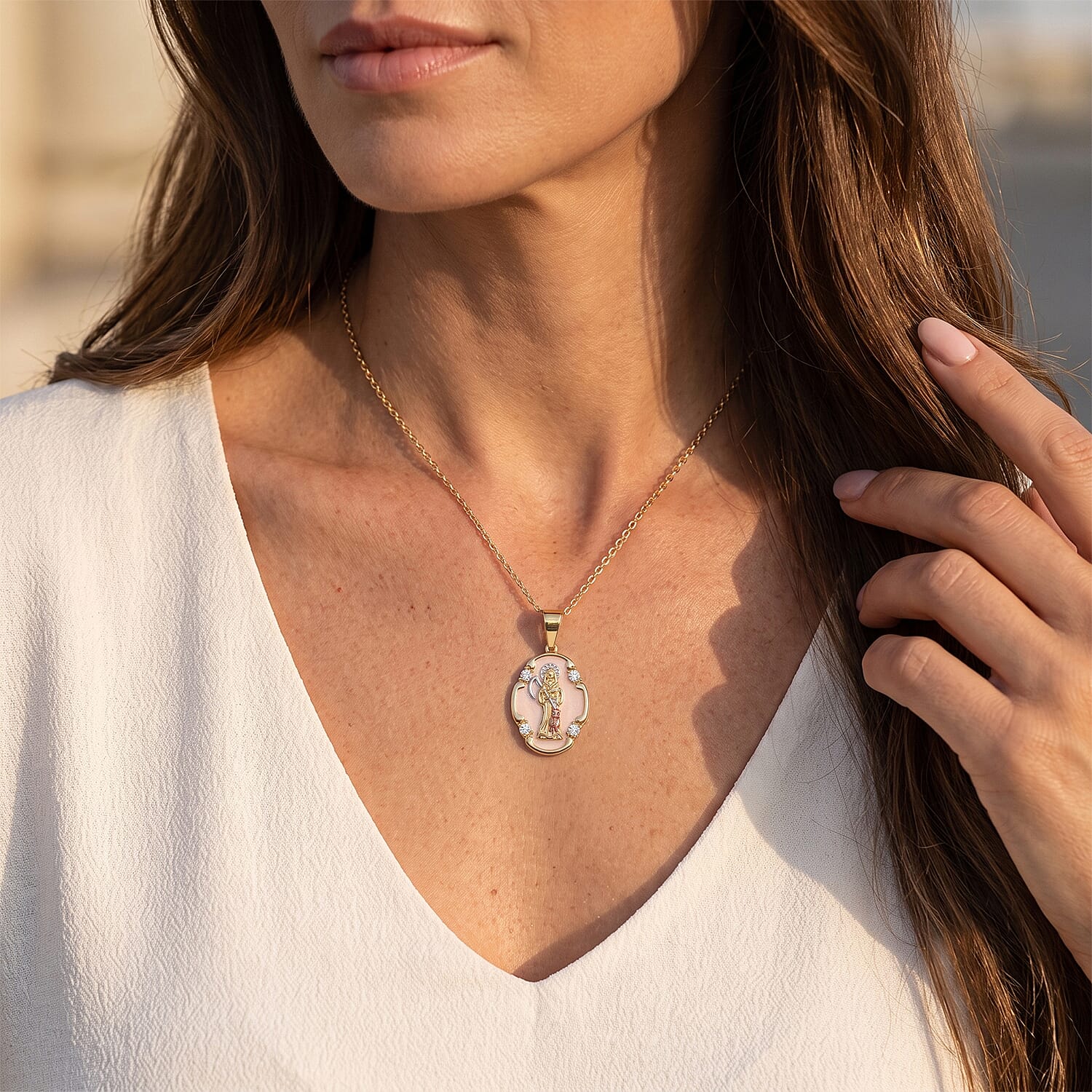 Simulated Diamond Line of Faith Santa Muerte Medallion Pendant Necklace in Goldtone 18-20 Inches