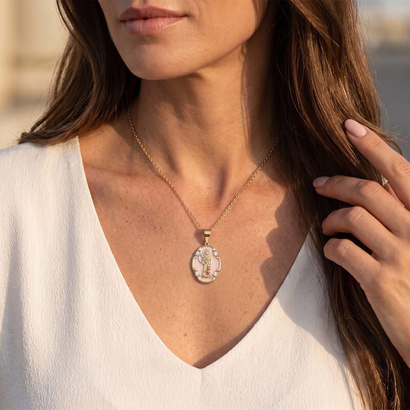 Simulated Diamond Line of Faith Santa Muerte Medallion Pendant Necklace in Goldtone 18-20 Inches